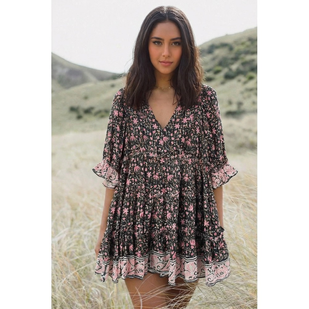 Cleobella Dress Womens Large Black Floral Lauren Mini Boho Cottagecore Coquette